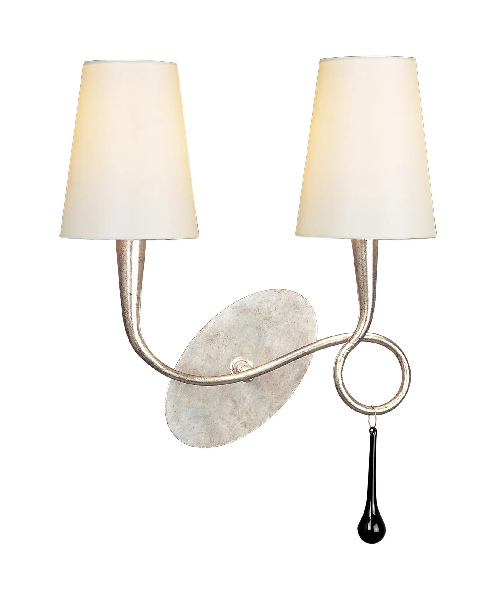 M0537/CS  ## Paola Wall Lamp 2 Light E14, Silver Painted With Cream Shades & Black Glass Droplets